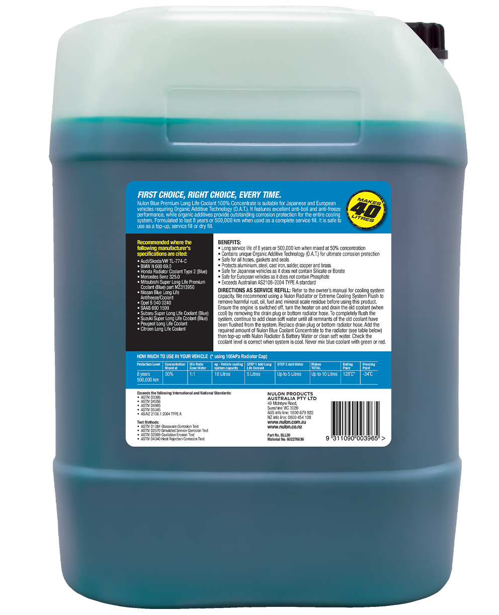 Blue Premium Long Life Coolant 100% Concentrate BLL20 Rear